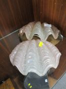 A VINTAGE GLASS AND CHROME DECO STYLE SCALLOP SHELL WALL LIGHT FITTING TOGETHER WITH A SPARE SHADE
