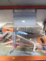 A WOODEN CARPENTERS TOOL BOX AND CANTILEVER TOOLBOX AND CONTENTS WITH ADDITIONAL TOOLS