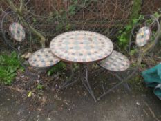 A MOSAIC STYLE FOLDING GARDEN PATIO . BISTRO SET COMPRISING A TABLE & TWO CHAIRS