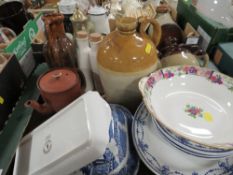 THREE TRAYS OF CERAMICS AND SUNDRIES TO INCLUDE A STONEWARE FLAGON FOR JOSPHIE SHARDLOW WINE AND