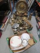 TWO TRAYS OF ASSORTED METAL WARE TO INCLUDE CANDLESTICKS TOGETHER WITH A TRAY OF CERAMICS (3)
