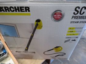 A BOXED KARCHER SE1 STEAM STICK WITH ATTACHMENTS & INSTRUCTIONS