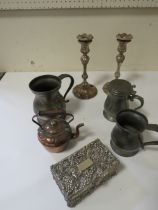 A BOX OF ANTIQUE PEWTER ETC