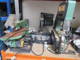 A SELECTION OF ELECTRIC WOOD WORKING TOOLS TO INCLUDE A CHOP SAW, A FRET SAW PLUS A BAND SAW
