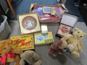 A TRAY OF VINTAGE GAMES TOGETHER WITH A TRAY OF TEDDY BEARS