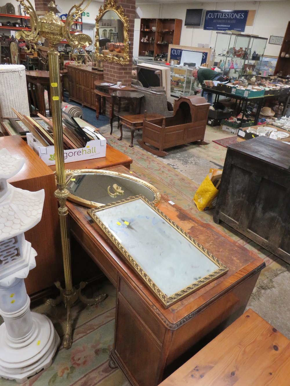 A GILT HALL / COAT STAND A/F, TOGETHER WITH TWO GILT MIRRORS A/F