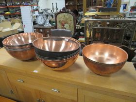 A COLLECTION OF SIXTEEN LARGE COPPER ? BOWLS / SHADES - DIA. 42 CM