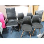 A MODERN OFFICE ARMCHAIR AND FOUR BLACK DINING CHAIRS A/F