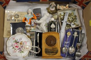 A SMALL TRAY OF COLLECTABLES TO INCLUDE £5 COIN, PIN CUSHION DOLL, CROWN DERBY PIN DISH, RATION BOOK