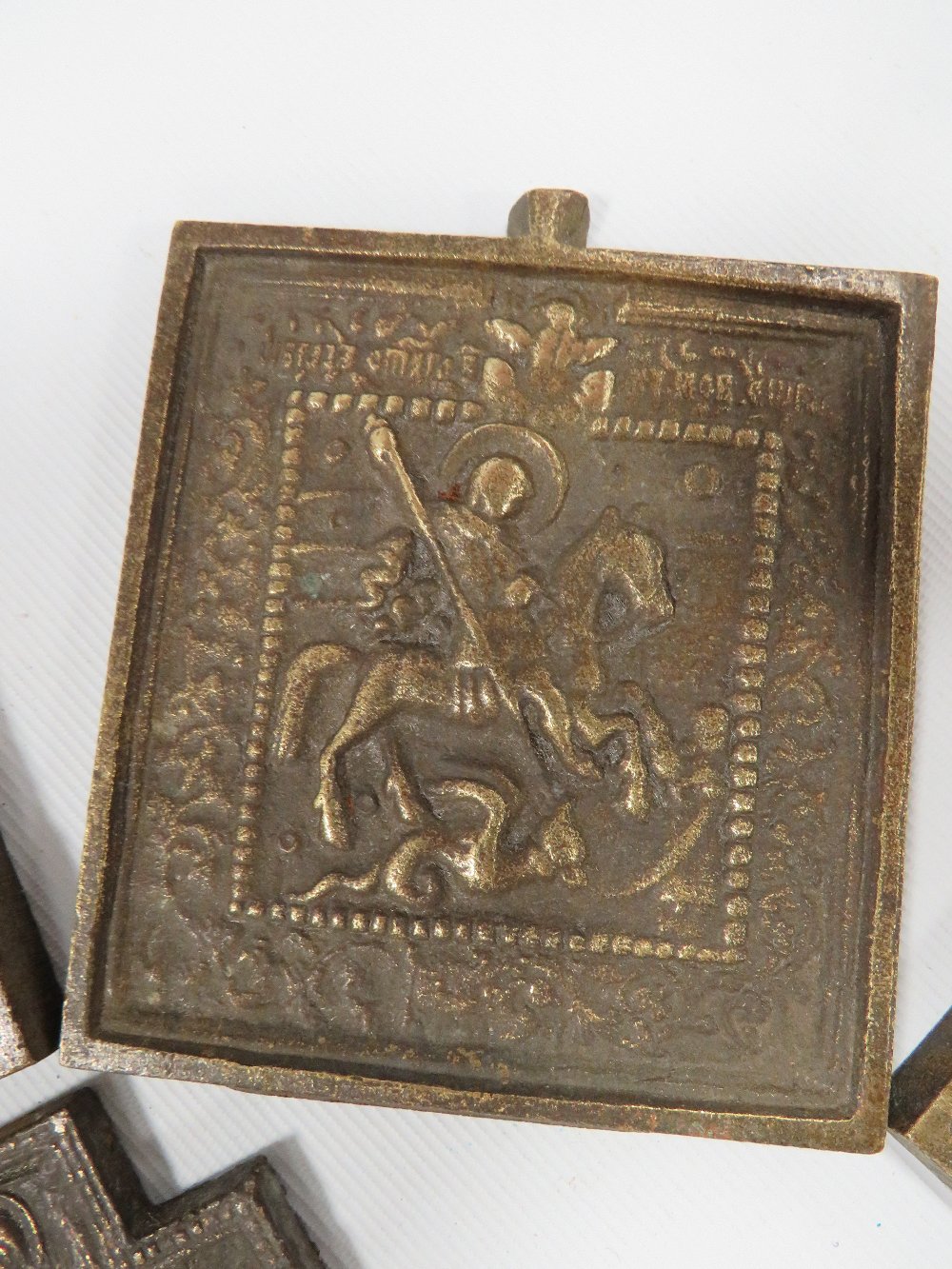 A COLLECTION OF SIX CAST METAL RELIGIOUS PLAQUES TOGETHER WITH THREE SIMILAR CROSSES - Image 2 of 3