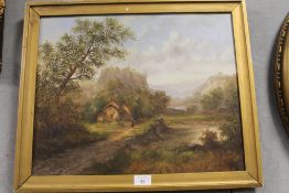 A GILT FRAMED OIL ON CANVAS LANDSCAPE SCENE WITH FIGURE