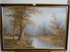 THREE LARGE OILS ON CANVAS DEPICTING WOODED RIVER / LAKE LANDSCAPES