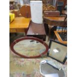 AN ANTIQUE MAHOGANY PEMBROKE TYPE TABLE, TWO MIRRORS, A PORTRAIT & A LLOYD LOOM LINEN BOX (5)