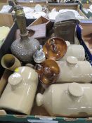 A TRAY OF ASSORTED SUNDRIES TO INCLUDE TREEN CANDLESTICKS