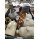 A TRAY OF ASSORTED SUNDRIES TO INCLUDE TREEN CANDLESTICKS