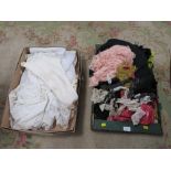 TWO TRAYS OF EARLY 20TH CENTURY CLOTHING AND ACCESSORIES TO INCLUDE VICTORIAN DAY DRESSES ETC AND