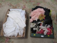 TWO TRAYS OF EARLY 20TH CENTURY CLOTHING AND ACCESSORIES TO INCLUDE VICTORIAN DAY DRESSES ETC AND