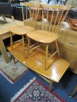 A MID CENTURY COFFEE TABLE A/F TOGETHER WITH TWO ERCOL STYLE CHAIRS (3)