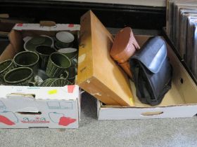 A TRAY OF SUNDRIES TO INCLUDE BINOCULARS TOGETHER WITH TRAY OF CERAMICS (2)