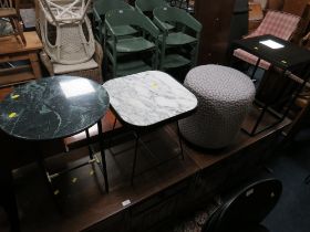 TWO MODERN MARBLE TOP STANDS, A GLASS TOP STAND & UPHOLSTERED STOOL (4)