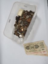 A BOX OF WORLD COINS AND BANKNOTES