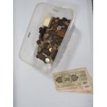 A BOX OF WORLD COINS AND BANKNOTES