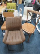 A COLLECTION OF FIVE ASSORTED MODERN CHAIRS WITH THREE TABLE TOPS & TWO METAL TABLE BASES