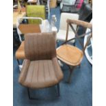 A COLLECTION OF FIVE ASSORTED MODERN CHAIRS WITH THREE TABLE TOPS & TWO METAL TABLE BASES