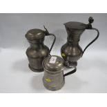 THREE LIDDED PEWTER TANKARDS