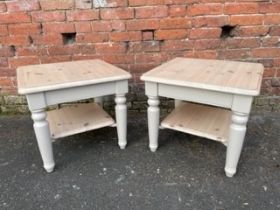 A PAIR OF FARROW & BALL UP CYCLED DUCAL PINE LAMP / SIDE TABLES - APPROX 57 X 57 CM, H 50 CM