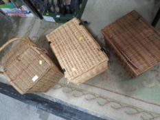 THREE ASSORTED WICKER BASKETS, TWO FLASKS INCLUDED ETC