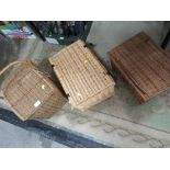 THREE ASSORTED WICKER BASKETS, TWO FLASKS INCLUDED ETC