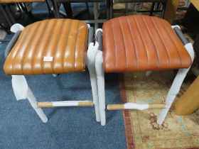 A NEAR PAIR OF TAN LEATHER KITCHEN / BAR STOOLS