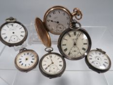 SIX VARIOUS HALLMARKED POCKET WATCHES A/F TO INCLUDE GOLD PLATED FULL HUNTER A/F