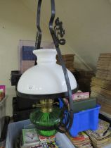 A VINTAGE HANGING OIL LAMP (UNDER STAIRS)