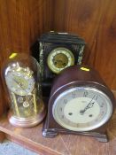 AN INLAID SLATE MANTLE CLOCK, SMITHS DECO STYLE MANTLE CLOCK TOGETHER WITH ANOTHER (3)