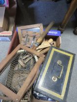 A TRAY OF SUNDRIES TO INCLUDE WOODEN PICTURES FRAMES, DEED BOX ETC