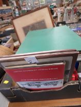 A SMALL TRAY OF STEAM RELATED BOOKS ETC TO INCLUDE A FOLDER OF TRACTION ENGINE TECHNICAL DRAWINGS