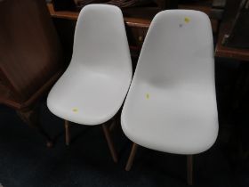 A PAIR OF MODERN WHITE 'EAMES' STYLE CHAIRS PLUS A WICKER SEAT BAR STOOL & A LOW STOOL (4)