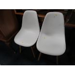 A PAIR OF MODERN WHITE 'EAMES' STYLE CHAIRS PLUS A WICKER SEAT BAR STOOL & A LOW STOOL (4)