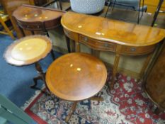 TWO REPRODUCTION HALF MOON CONSOLE TABLES AND TWO CIRCULAR PEDESTAL TABLES (4)