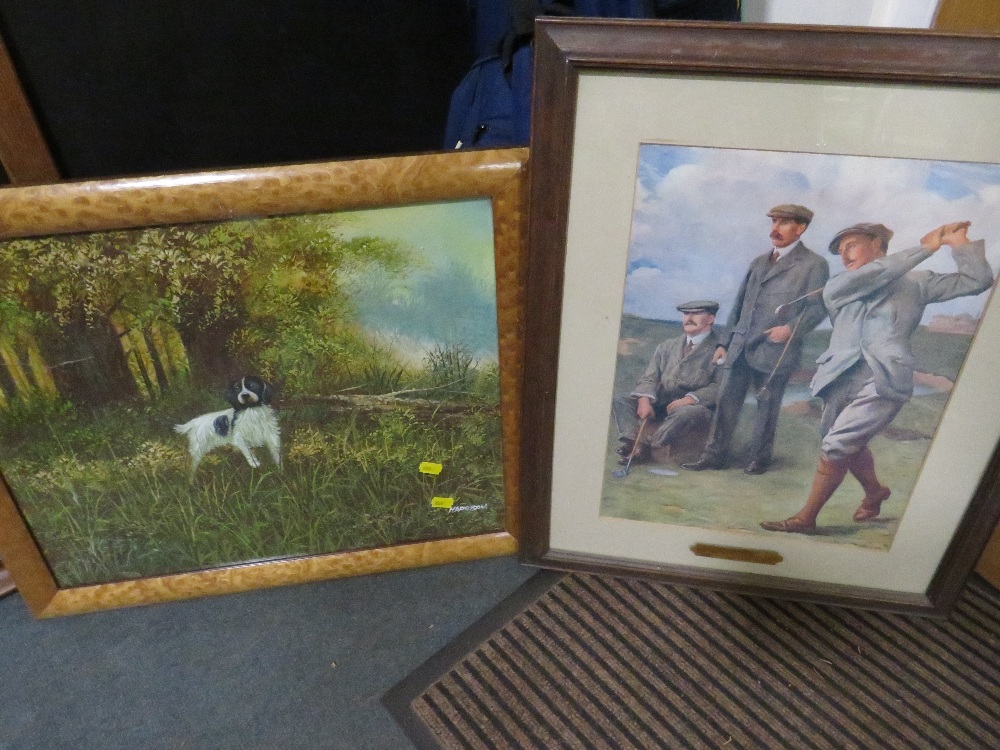 A LARGE MODERN PIG PRINT WITH A GOLFING PRINT AND OIL OF A SPANIEL (3) - Image 2 of 2