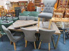 A LARGE MODERN WOODEN DINING TABLE WITH SEVEN CHAIRS & ONE LEAF