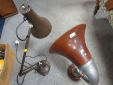 A VINTAGE GRAMOPHONE SPEAKER TOGETHER WITH A VINTAGE ANGLEPOISE LAMP (2)