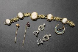 A VINTAGE SHELL CAMEO BRACELET, STICK PINS, PASTE EARINGS AND CRESCENT BROOCH