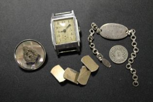 A SILVER R.A.F BRACELET, ARMY CAP BROOCH, 9CT GOLD ON SILVER CUFFLINKS AND ART DECO WATCH