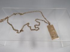 A HALLMARKED 9 CARAT GOLD INGOT STYLE PENDANT ON A BELCHER TYPE CHAIN STAMPED 9CT approx combined