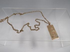 A HALLMARKED 9 CARAT GOLD INGOT STYLE PENDANT ON A BELCHER TYPE CHAIN STAMPED 9CT approx combined