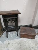 A SMALL OAK CHURCH STAND WITH CARVED DETAIL - MARCH 16 1887 - AND A SMALL VINTAGE BANDED BOX ( 2)