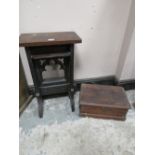 A SMALL OAK CHURCH STAND WITH CARVED DETAIL - MARCH 16 1887 - AND A SMALL VINTAGE BANDED BOX ( 2)